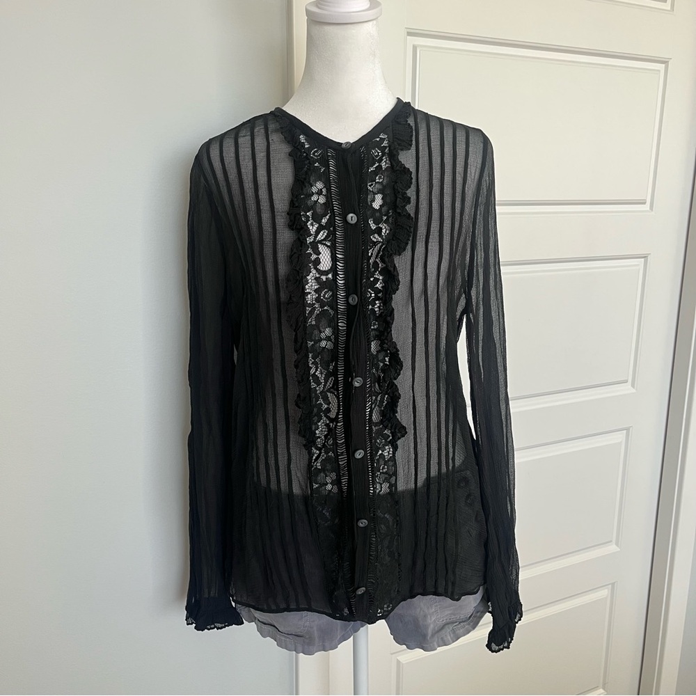 Rebecca Taylor Black Sheer Lace-Trim Button Down Blouse